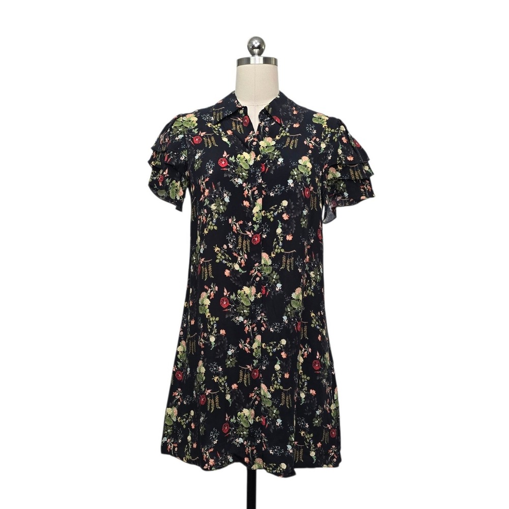 Alice + Olivia Black Floral Cupro Ruffle Sleeve Mini Dress Size Small NWT